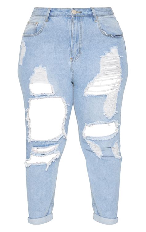Plus Light Wash Extreme Rip Mom Jeans Prettylittlething Usa