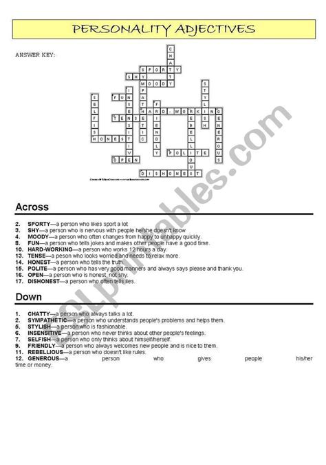 We have 1 possible answer for the clue personal appearance which appears 17 times in our database. Personality adjectives crossword | Personality adjectives ...