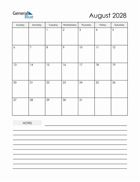 August 2028 Monthly Planner Calendar