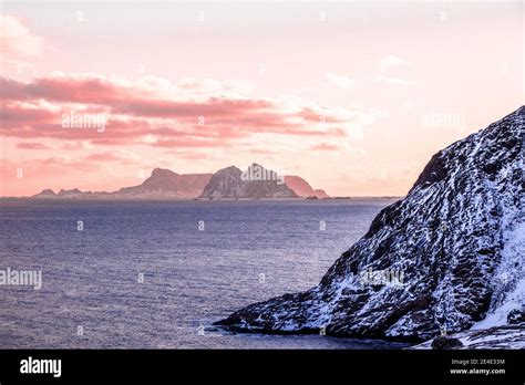 Sunset In Lofoten Islands With Pink Mountains Stock Photo Alamy