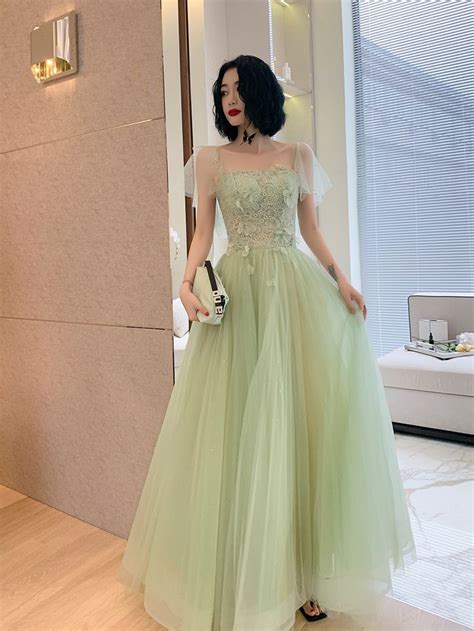 Light Green Tulle With Lace Cap Sleeves Long Evening Dress Beautiful