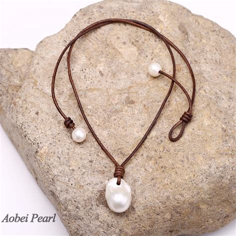 aobei pearl handmade necklace made of freshwater pearl and genuine leather cord single pearl
