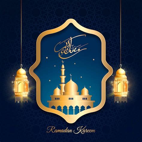 Premium Vector Ramadan Kareem Arabic Calligraphy With Mosque And Lantern