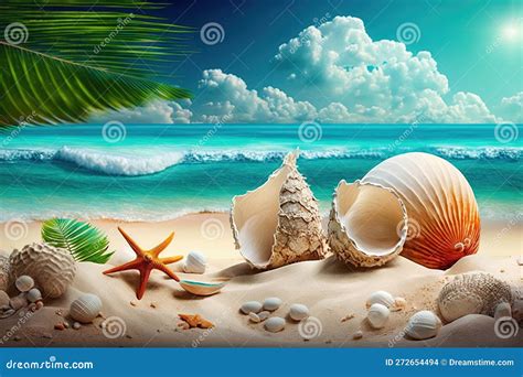 Landscape With Seashells On Tropical Beach Summer Holiday
