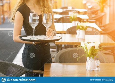 The Waitress Is Carrying A Wine Glasses Stock Image Image Of Food