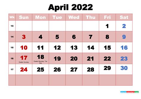 April 2022 Printable Monthly Calendar With Holidays
