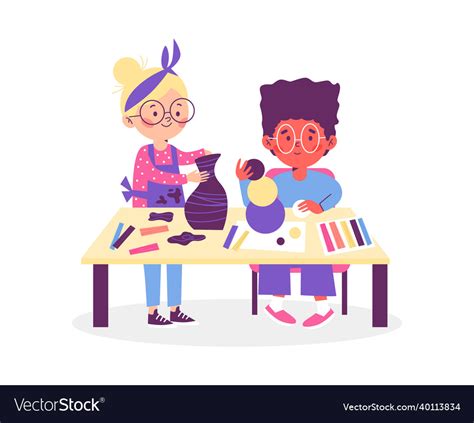 Boy And Girl Doing Crafts And Arts Cartoon Flat Vector Image