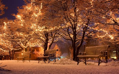 Pictures Christmas Winter Nature Park Snow Bench Night 3840x2400