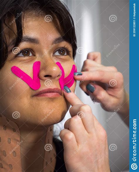 Physiotherapy Of Face Aesthetic Taping Portrait Of Woman With Pasted