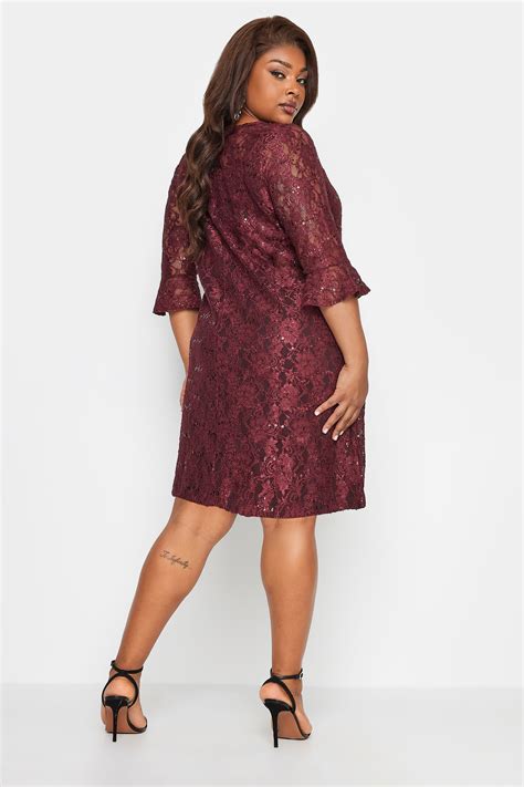 Yours Plus Size Burgundy Red Lace Sequin Embellished Swing Dress