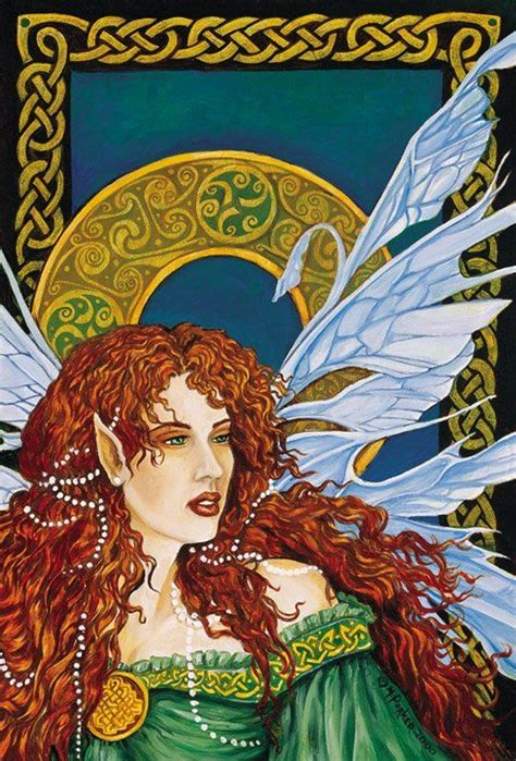 Titania Queen Of Faery Sits Before A Panel Of Celtic Knotwork