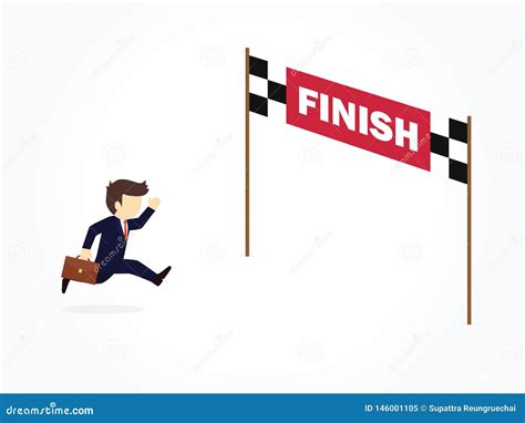 Businessman Cartoon Running Into Finish Line Achieving Accomplishment