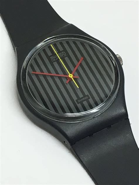 Swatch Watch Vintage Pinstripe Ga102 1985 Grey Charcoal Stripes Retro