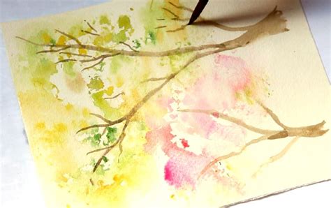 Spring Trees Watercolor Painting With Crumpled Paper A Piece Of