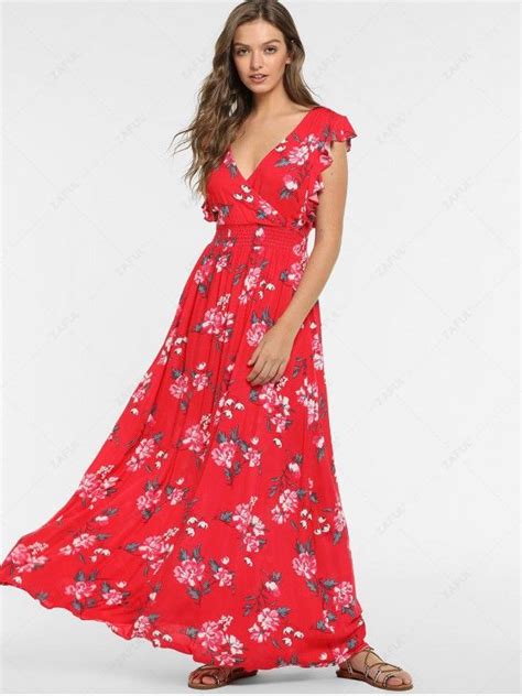 35 Off 2021 Zaful Boho Floral Backless Ruffled Dress In Red Zaful