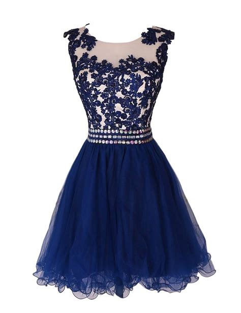 Navy Blue Lace Short Prom Dress Homecoming Dresses With Waist Beadings Royal Blue Custom Made
