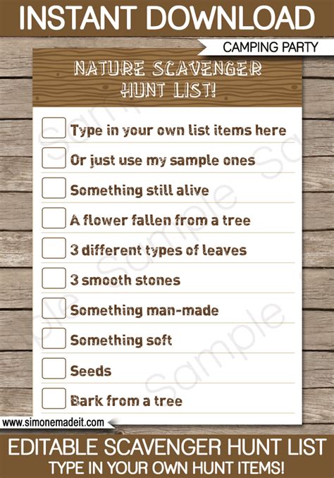 Organize the game in advance by creating a list of objects to find and clues this begins the game, and the players are free to roam about the space in search of the first item. Camping Scavenger Hunt List Printable Template