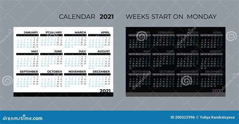 2021 Calendar Template 2021 Yearly Minimalistic Calendar 12 Months