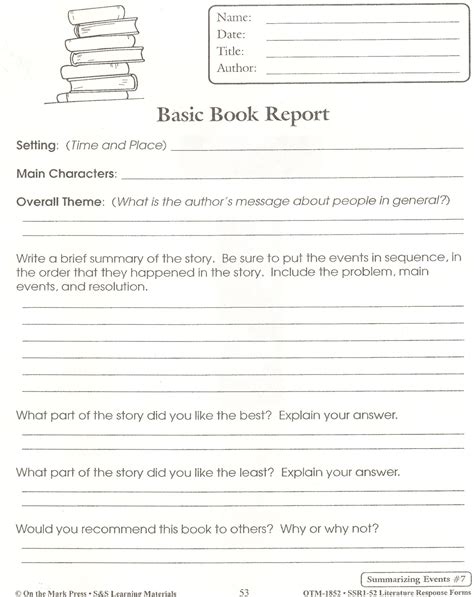 Book Report Worksheet 6th Grade