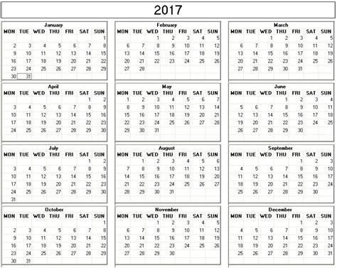 Yearly 2017 Printable Calendar Back And White Week Starts On Monday