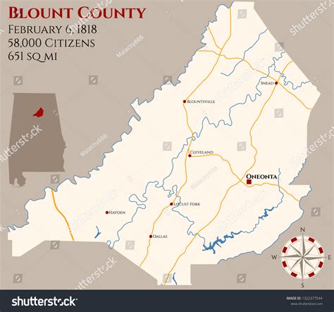 Large Detailed Map Blount County Alabama เวกเตอร์สต็อก ปลอดค่า
