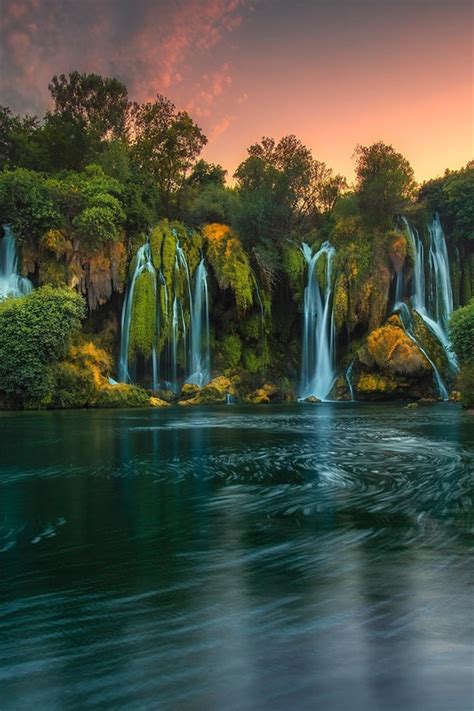 Wallpaper Bosnia And Herzegovina Kravice Waterfalls Lake Trees Dusk