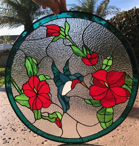 Pretty Hummingbird And Hibiscus Stained Glass Window Panel