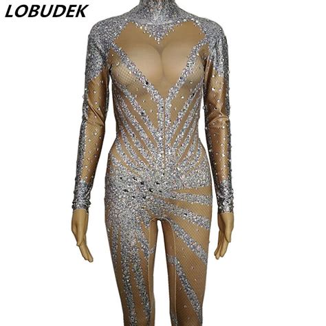 Silvery Crystals Jumpsuit Stretch Leotard Jumpsuit Bar Female Singer