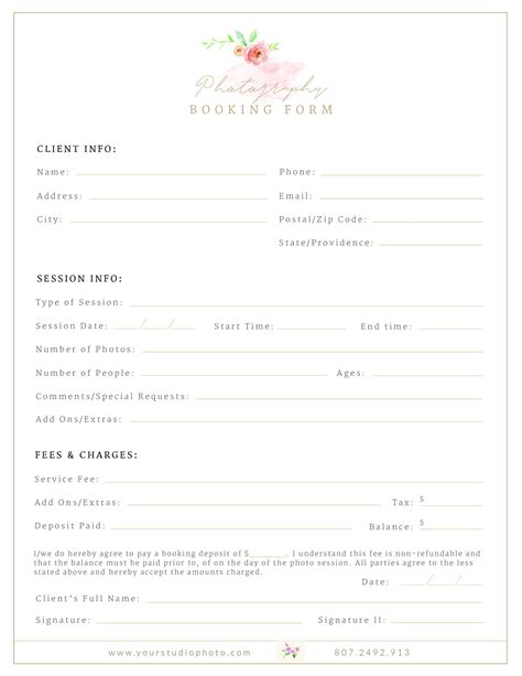 Client Booking Form For Photographers Photography Contract Etsy