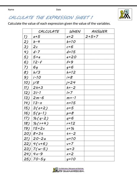 View Free Math Worksheets For Grade 6 Algebra  The Math
