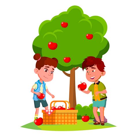 Kids Harvest Apples In Basket Near Apple Tree Vector Isolated