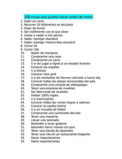100 Cosas Que Quiero Hacer Antes De Morir Studocu