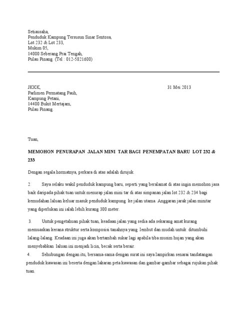 Contoh Surat Rasmi Memohon Bantuan Kepada Yb