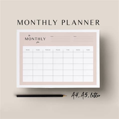 Monthly Planner Printable Undated Calendar Stylish Minimalist