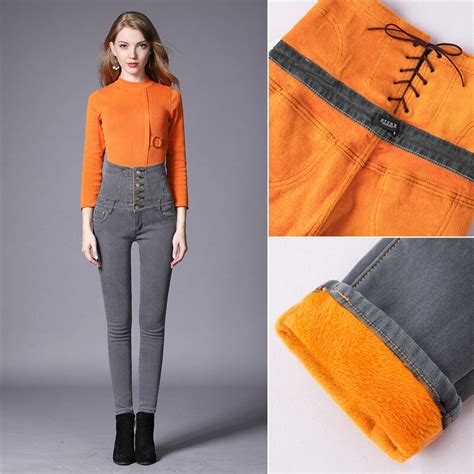 Moruancle Women Winter Warm High Waist Jeans Fleece Lined Thick Thermal Denim Trousers Lady