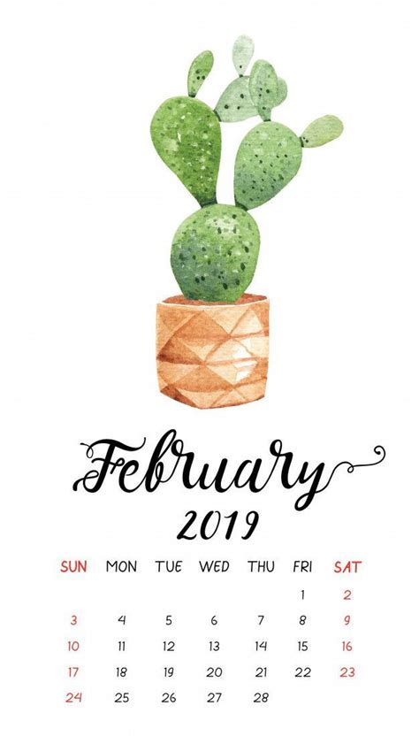 Watercolor Cactus Calendar For February 2019 Premium Vector