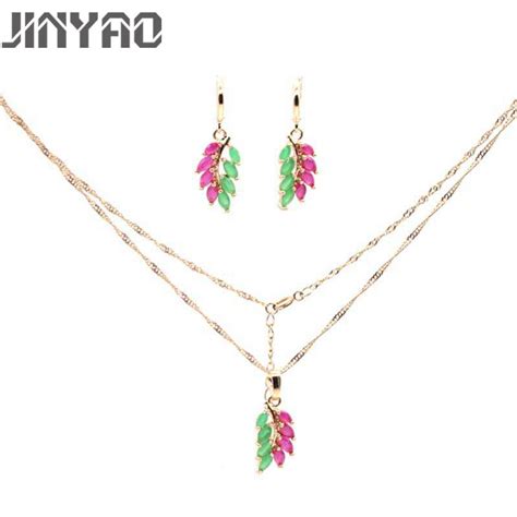 Jinyao Fashion Gold Color Leaf Red Green Zircon Jewelry Sets Pendant Necklace Earrings Sets For