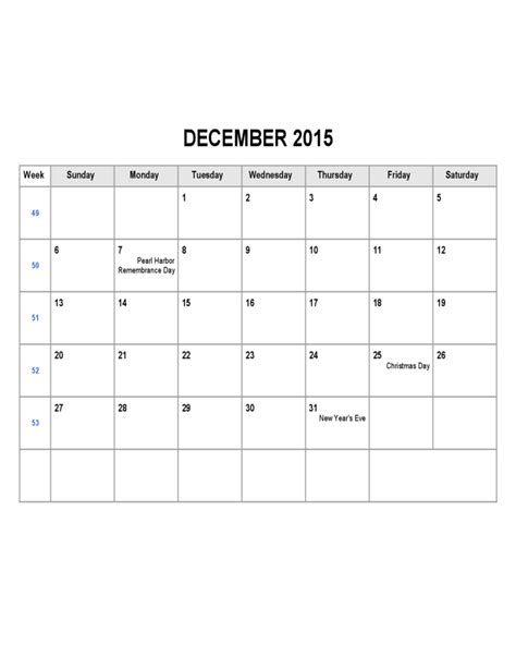 December 2015 Calendar Template Free Download