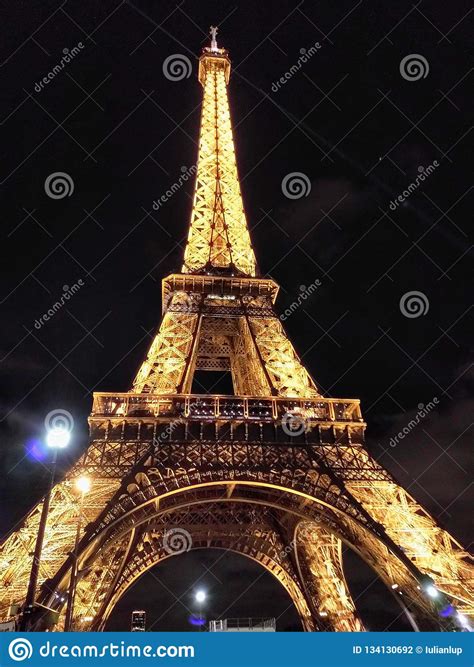 Eiffel Tower Paris Night Light Editorial Photography