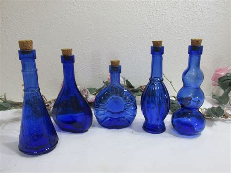 Cobalt Blue Glass Bottles Decorative Set Of 5 With Corks By Luruuniques On Etsy Blue Glass