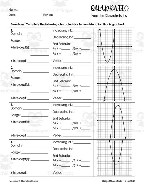 Quadratic Functions Standard Form Worksheet By Teach Simple