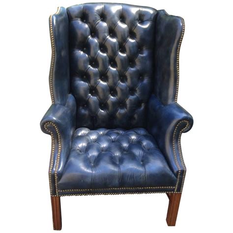 Fabulous Navy Blue Leather Tufted Wing Chair For Sale At 1stdibs