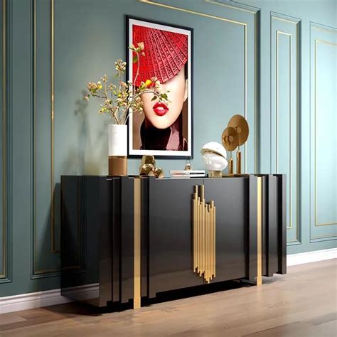 63 light luxury sideboard black rectangular buffet with 2 doors and 2 shelves in gold