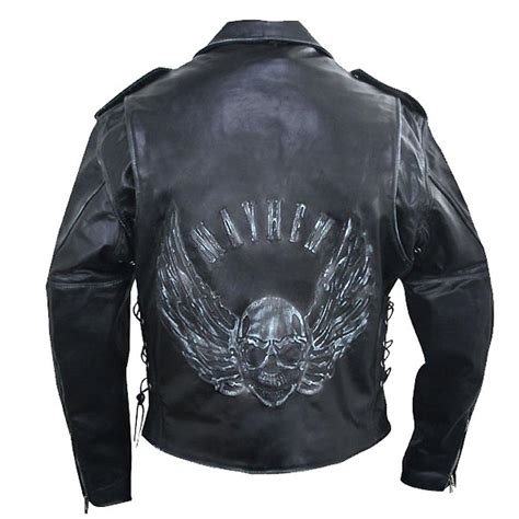 Mens Black Embossed Flying Skull Distressed Leather Jacket Mens
