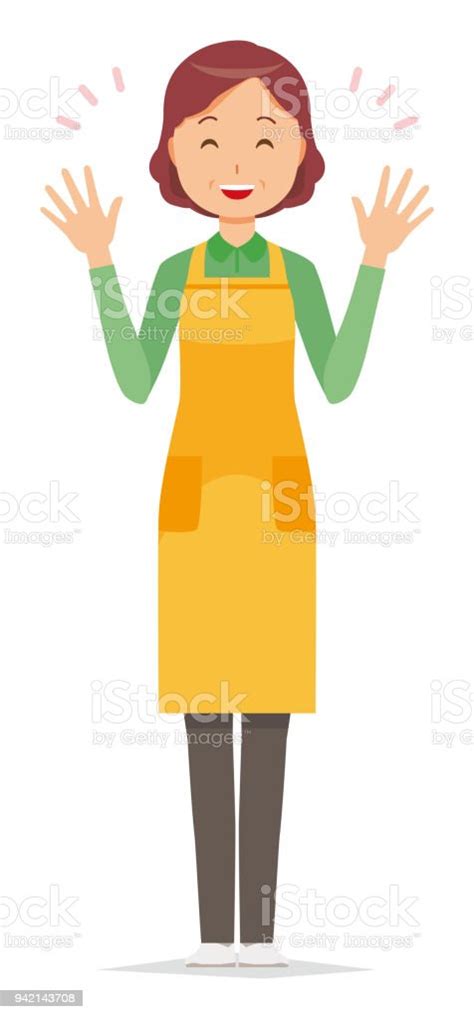 A Middleaged Housewife Wearing An Apron Is Spreading His Hands Stock