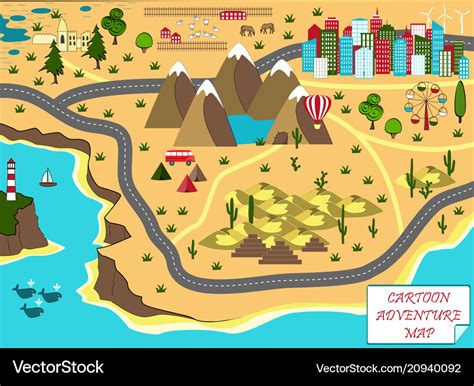 Cartoon Map With Sea Mountains Desert And City Vector Image