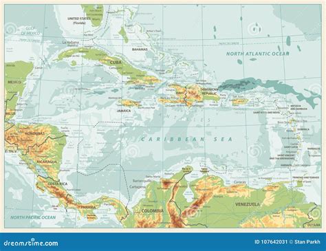 The Caribbean Physical Map No Text Cartoon Vector
