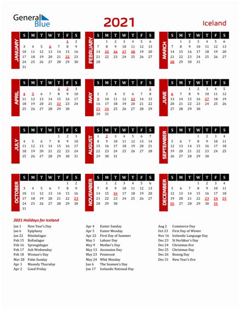 2021 Iceland Calendar With Holidays