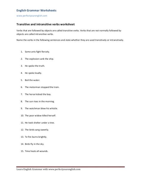 Transitive And Intransitive Verbs Worksheet Worksheet For 4th 6th