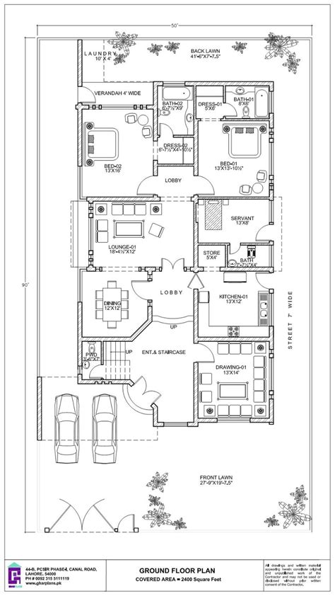 500 Square Yard House Ground Floor Plan 50′ X 90′ House Layout Plans